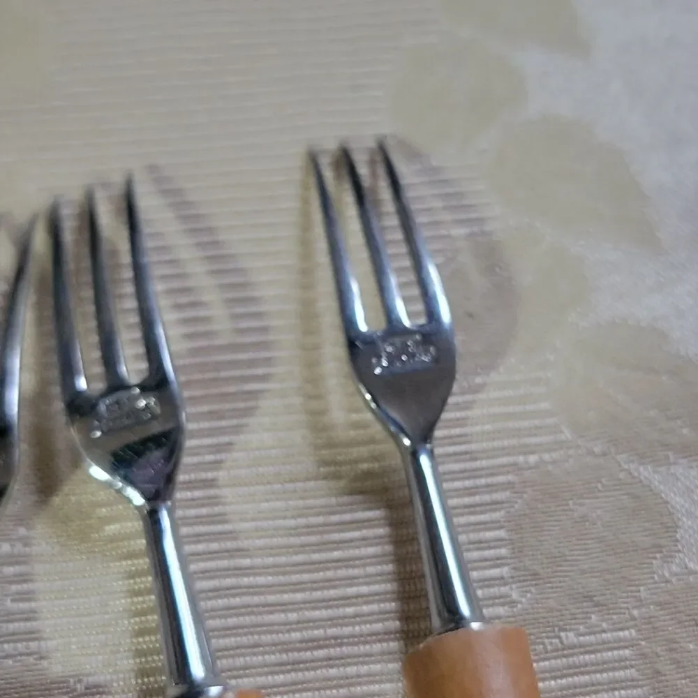 Bamboo Handle Stainless Steel Fork Set 6 Appetizer Dessert Cocktail Fondue MCM